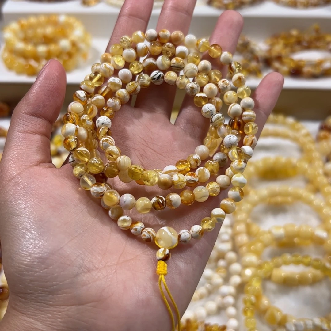 琥珀未镶嵌珠宝奇石沁色金瓷白长链