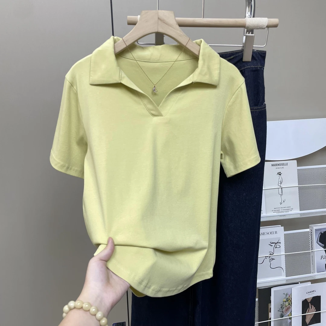 大码胖mm美式复古Polo衫V领纯色正肩百搭夏季新短袖t恤女上衣ins