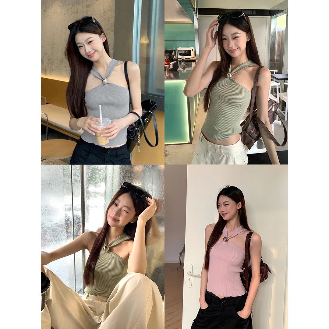 【HRG清仓】春夏高级感交叉辣妹风挂脖修身显瘦背心IN6531