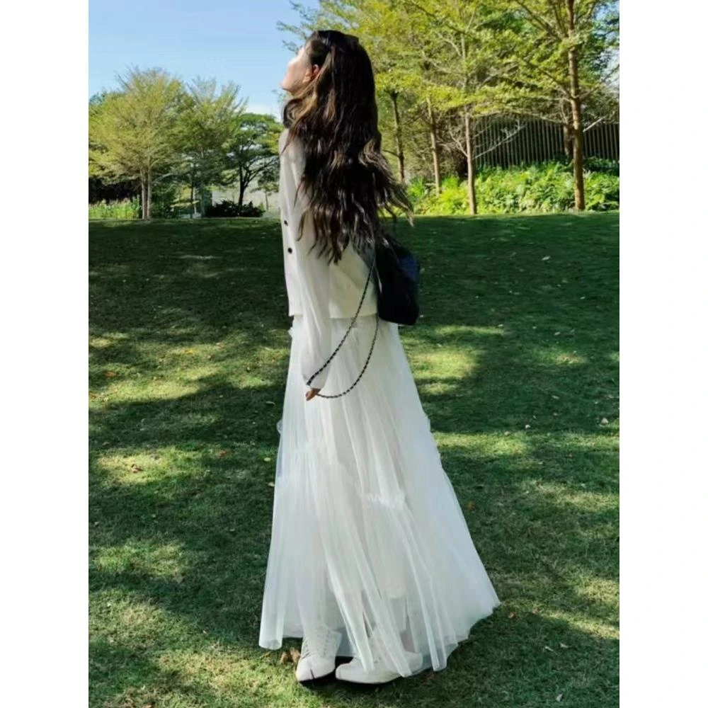 白色网纱a字裙半身裙仙2025新款春秋纱裙女半身高腰长款垂感大摆