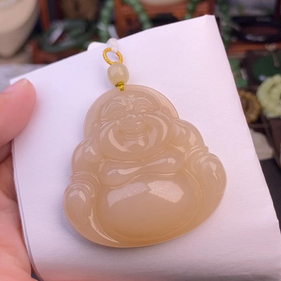 和田玉熟藕粉脂膏级天花板老料18.K金佛公未镶嵌