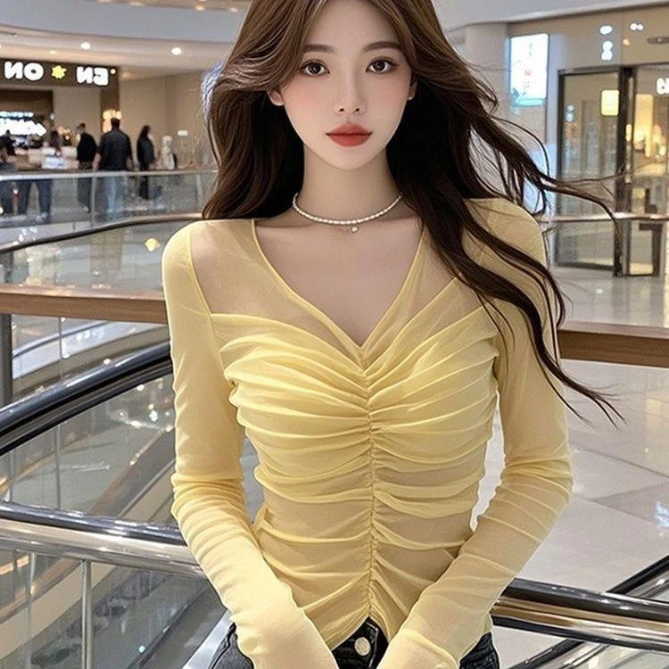 黄色V领多层褶皱网纱设计短款上衣秋冬法式名媛千金高端时尚衬衫