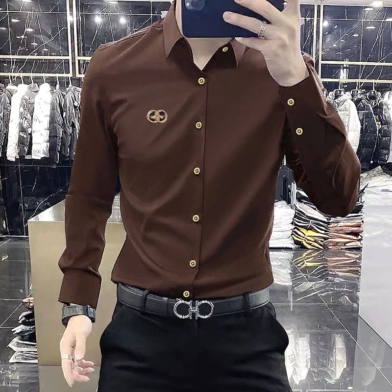 长袖衬衣男士春秋休闲潮流修身商务韩版轻奢时尚百搭打底春季衬衫