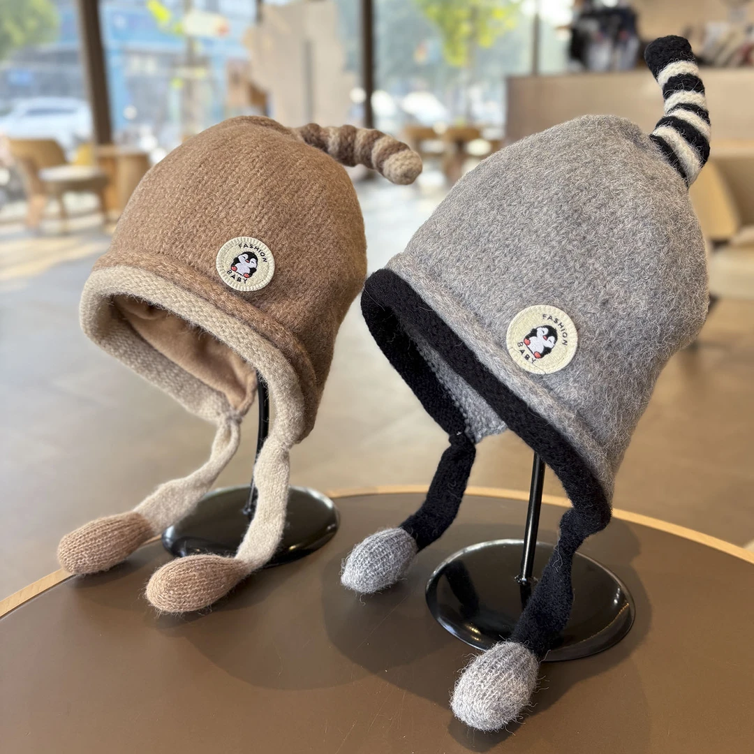 捏捏会响儿童冬天保暖护耳帽宝宝韩版加绒针织帽男女童企鹅包头帽