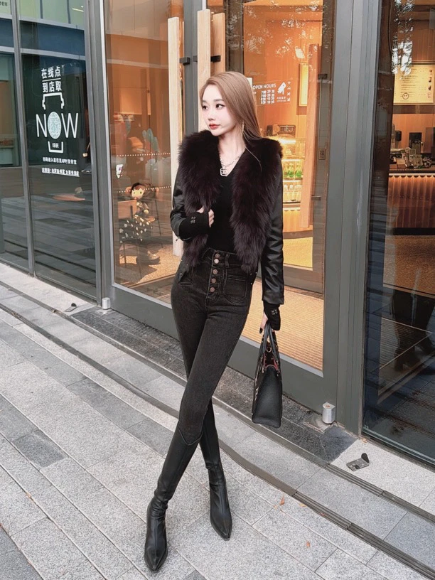 【茹哥】新款爆款前后狐狸毛毛拼接修身加棉皮衣外套611