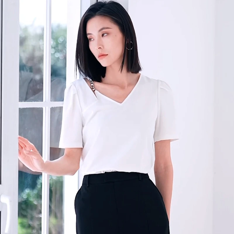 350337【艺系列】气质简单显瘦宽松V领T恤23XZ2761