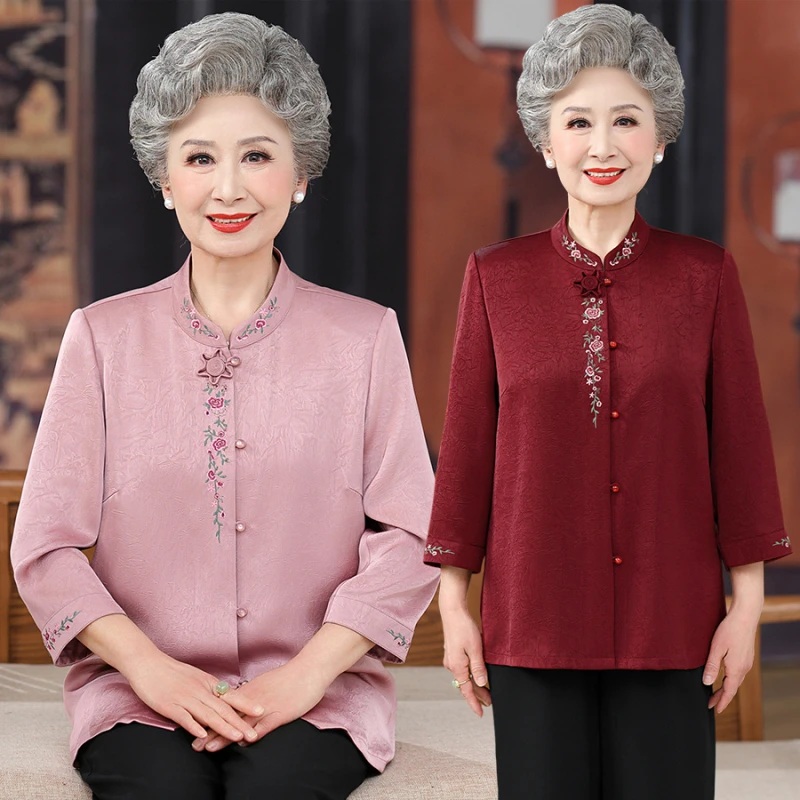 中老年妈妈夏装中式奶奶七分袖衬衫绣花洋气春装老太太老人衣服