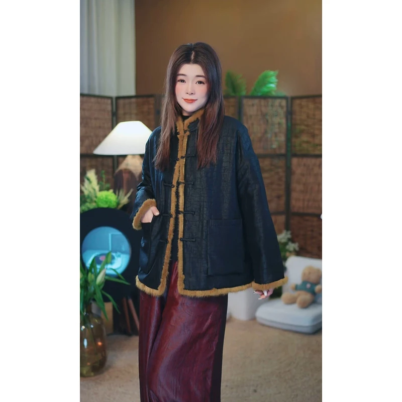 杯子家《黑龟水貂毛蚕丝棉外套》新款油龟桑蚕丝国风保暖棉衣