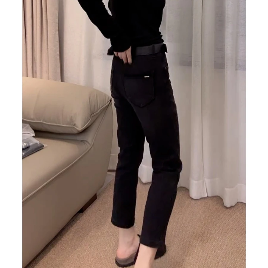 黑灰色高腰弹力直筒牛仔裤女春秋新款梨形身材大码显瘦九分烟管裤