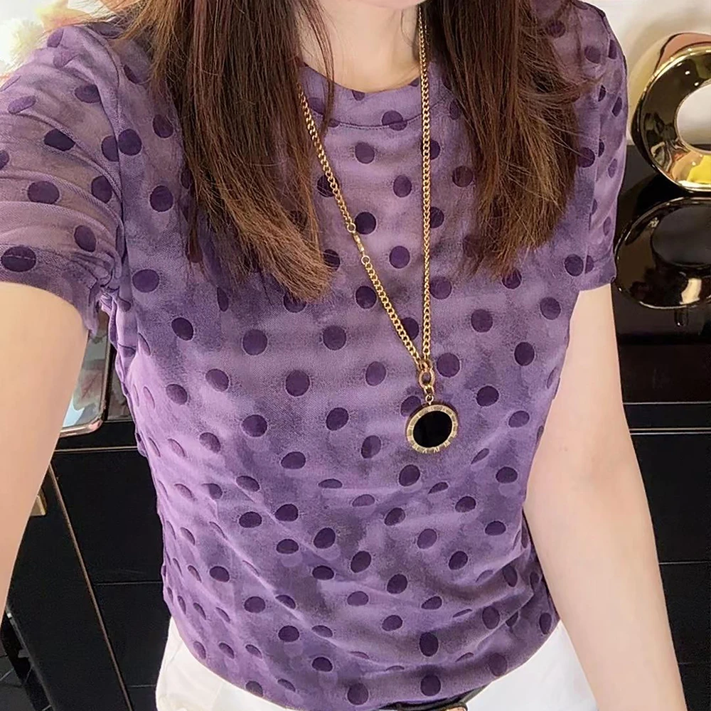 【紫珍珠】短袖圆领修身百搭印花双层网纱打底夏常规T恤女上衣1515