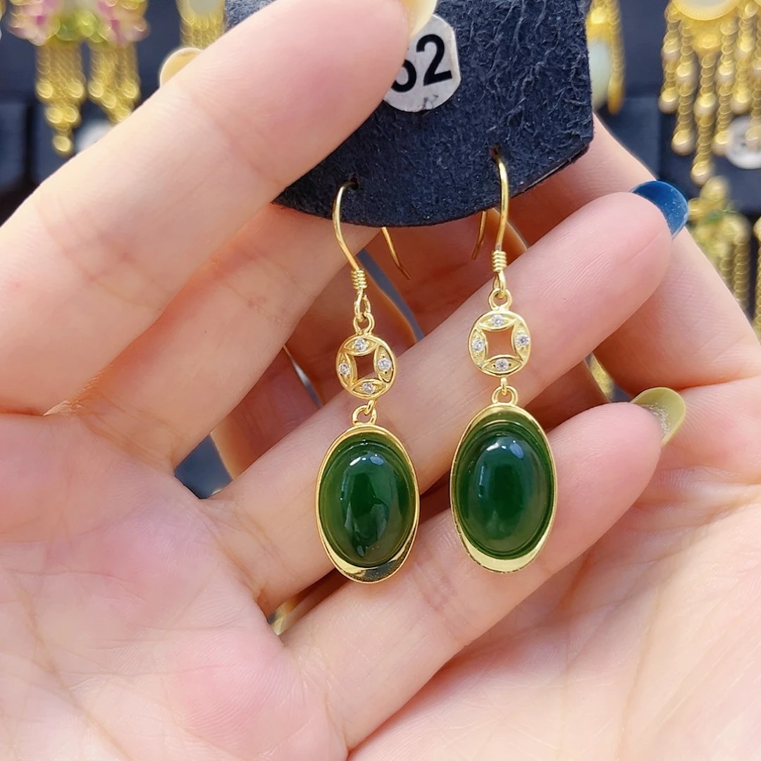 和田玉银S925镀金镶嵌耳饰