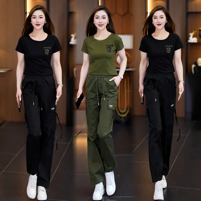 迷彩服套装女圆领短袖夏季直筒工装裤水兵舞服减龄洋气时尚两件套