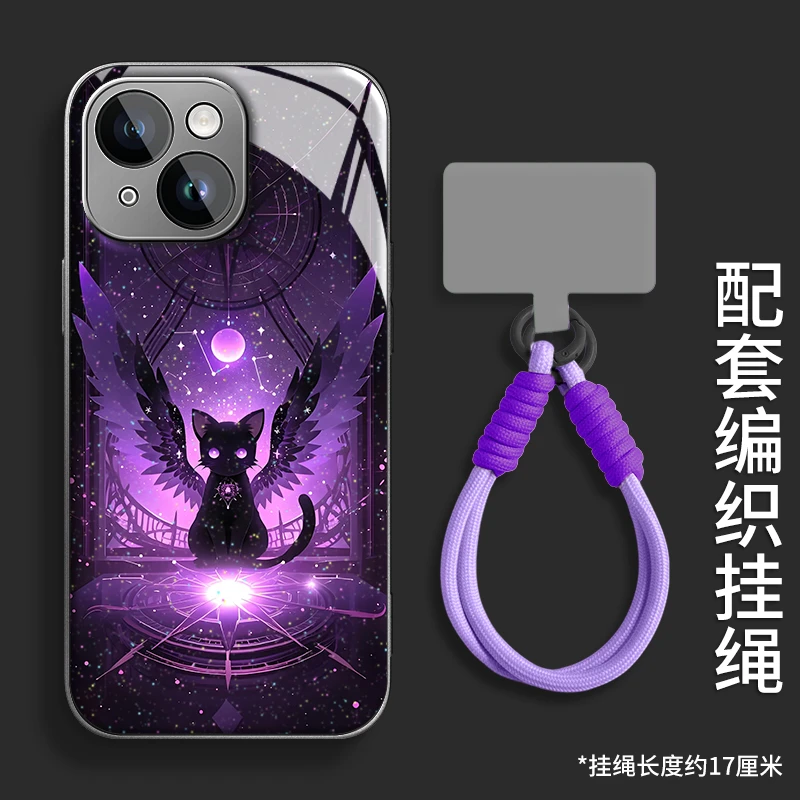 魅紫黑猫水凝壳适用苹果17华为oppo小米vivo红米一加手机壳带挂绳