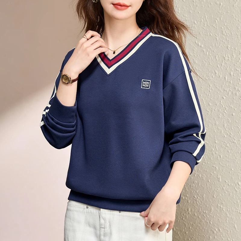 【V领撞色棉卫衣】春秋撞色时尚卫衣V领显瘦百搭新款女装长袖卫衣
