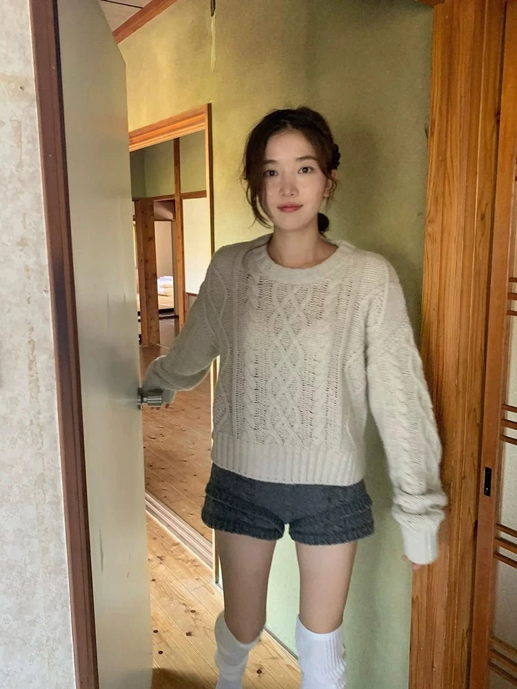 温柔慵懒风奶蓝色圆领麻花宽松套头毛衣秋冬011加厚女