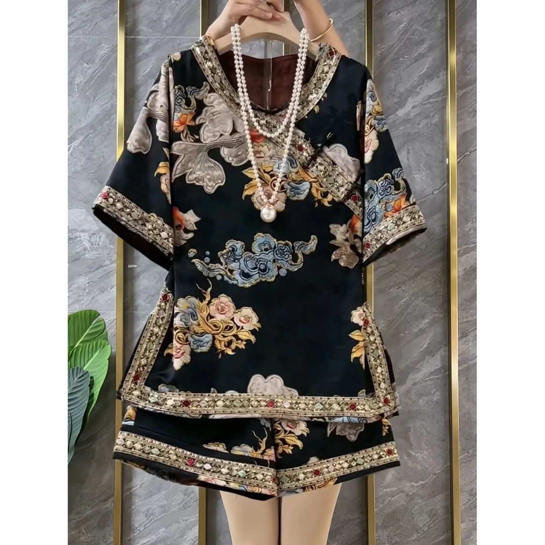 新中式时尚套装女2025夏季新款气质国风盘扣中长款上衣短裤两件套