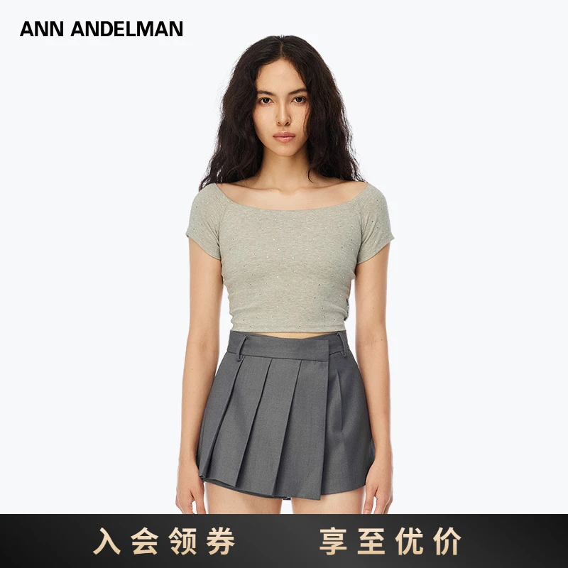 【明星同款】ANN ANDELMAN 烫钻抹胸上衣短袖一字领T恤女流光风
