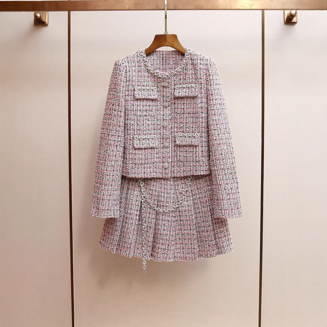 USHARK秋季款气质名媛小香风粗花呢镶钻外套+A子百褶半身裙套装女