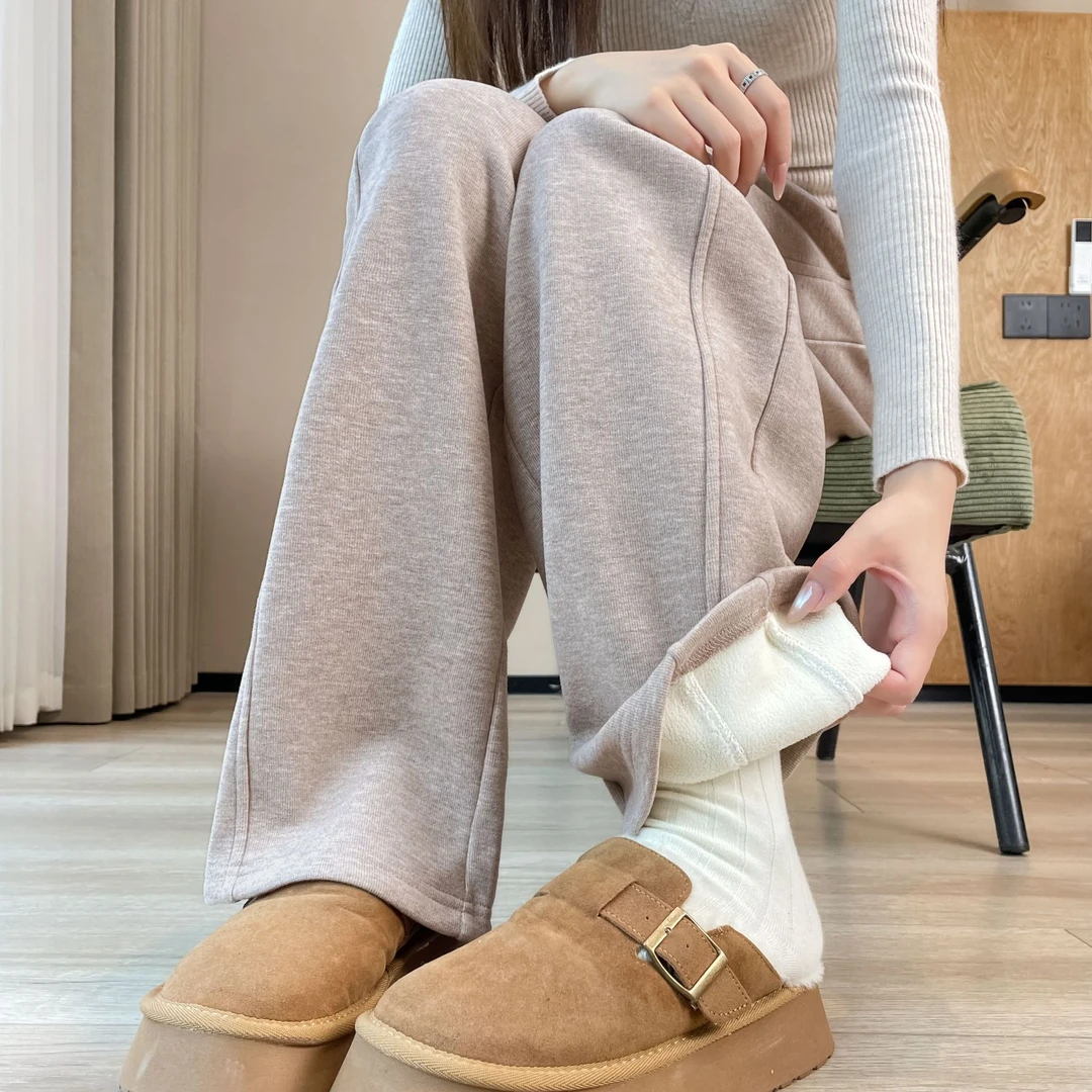 窄版阔腿裤女秋冬加绒直筒休闲糯米裤毛呢高腰显瘦垂感运动香蕉裤