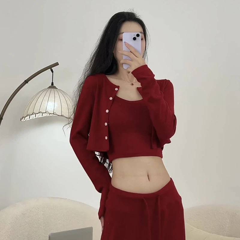 欧美性感辣妹居家两件套女长袖针织开衫紧身显瘦内搭吊带背心套装