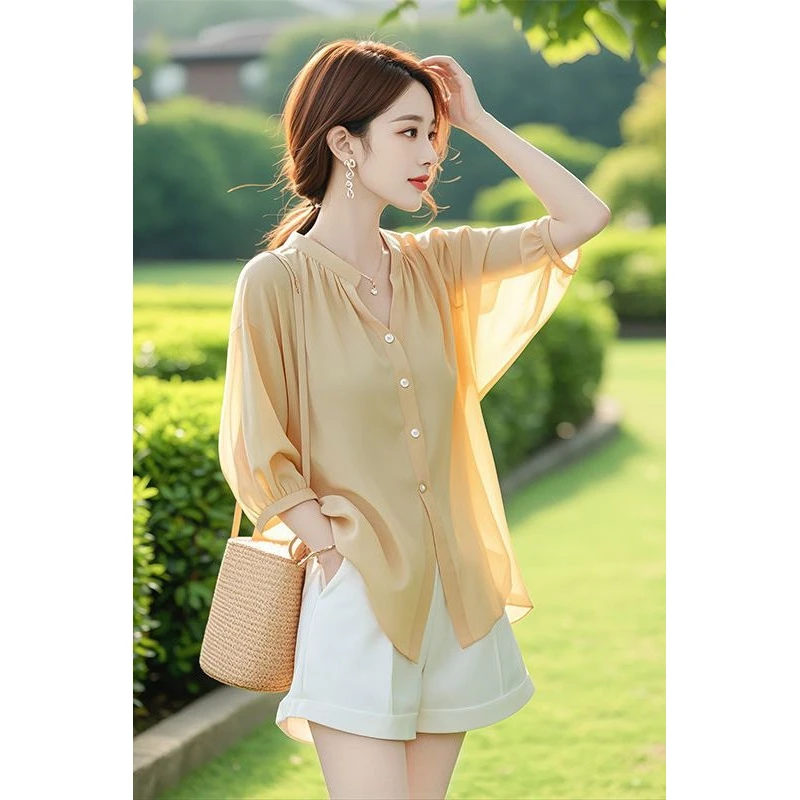 独特漂亮小衫宽松遮肚子黄色雪纺衬衫女夏仙气飘飘七分袖气质上衣