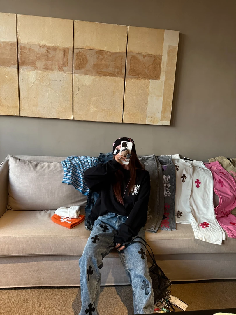 【CH经典】复古休闲破洞十字架牛仔裤潮流时尚印花韩版美式高腰休闲