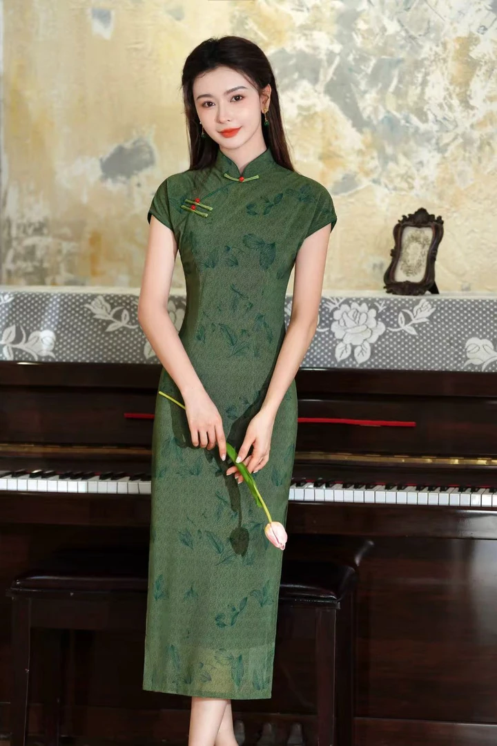 绿色复古少女夏季旗袍显瘦领旗袍日常优雅新中式碎花中长款常规袖