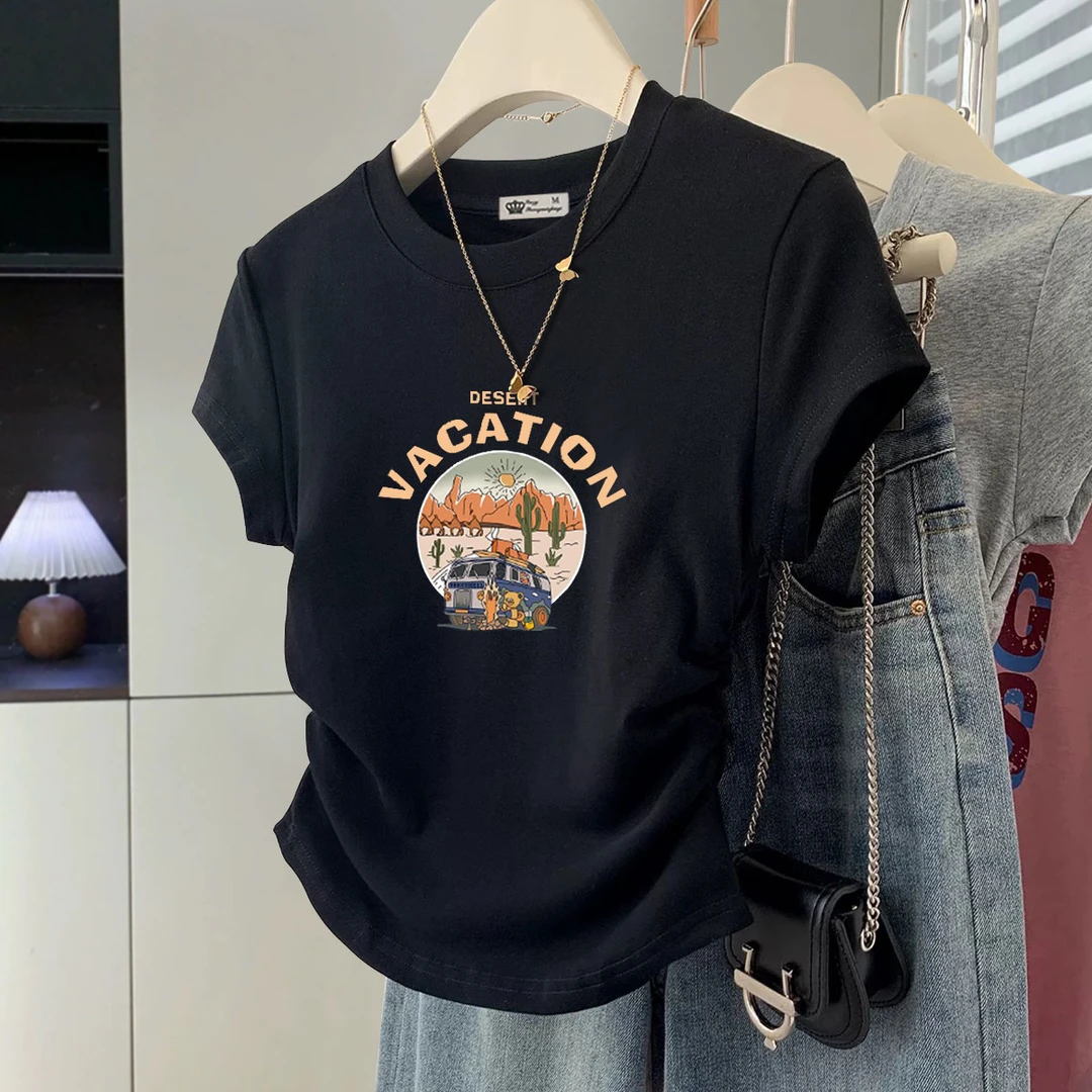 黑色短袖t恤女短款2025夏季新款卡通印花抽绳修身显瘦正肩上衣潮