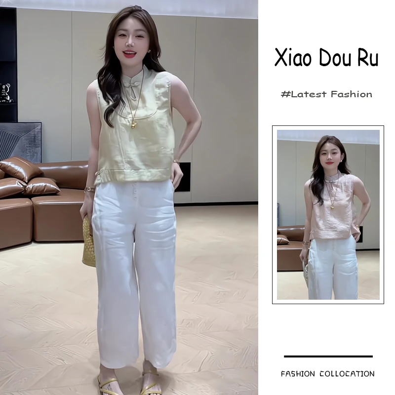 夏季流行穿搭一套新款2025新中式国风洋气盘扣立领上衣阔腿裤套装