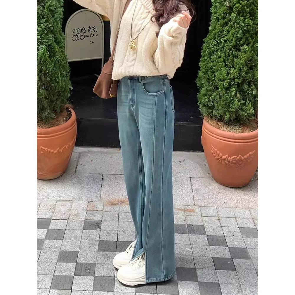 时尚百搭小个子2025春季高腰长裤女直筒显瘦百搭开叉蓝色牛仔裤