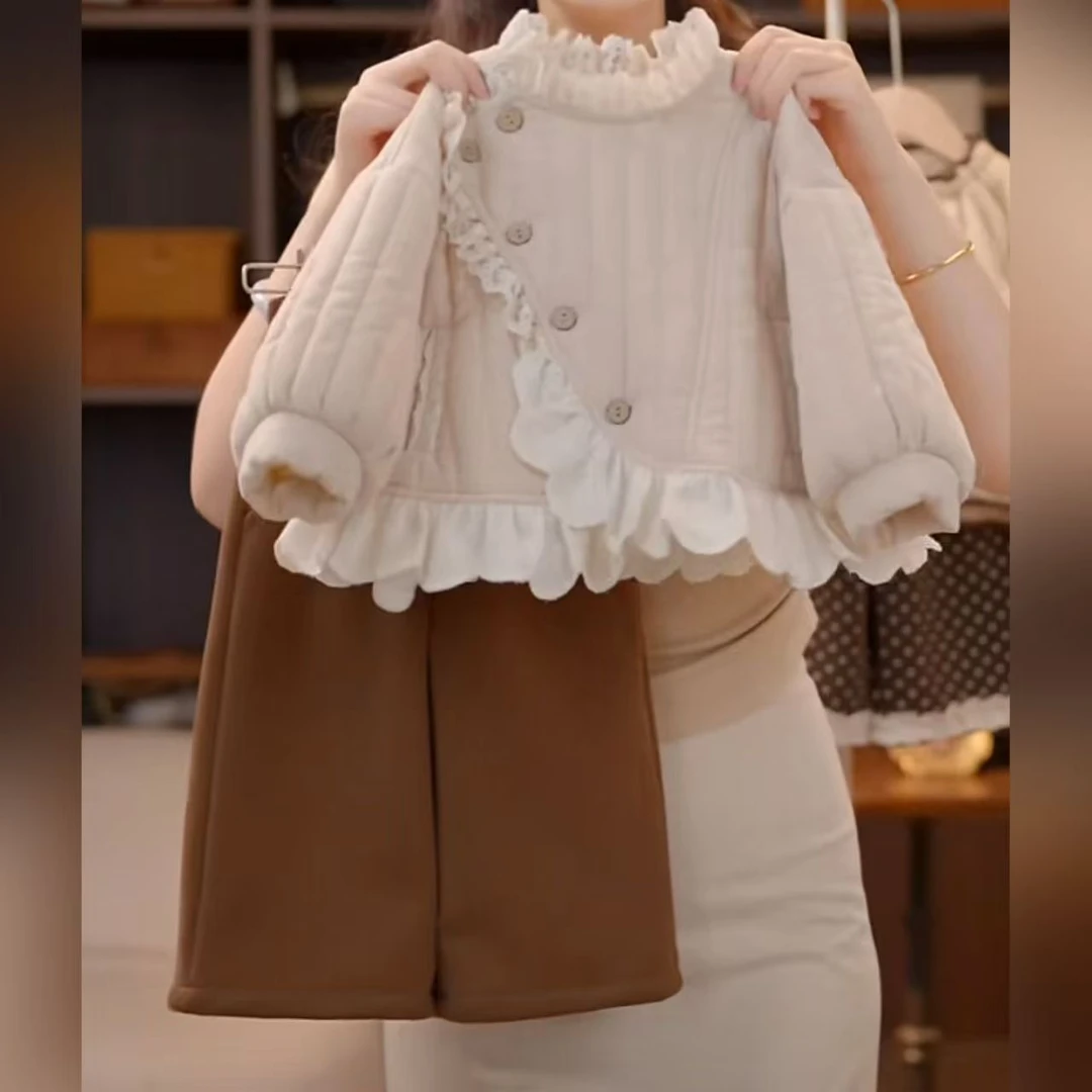 女童棉衣套装2025新款女宝宝蕾丝花边外套加绒阔腿裤两件套中小童