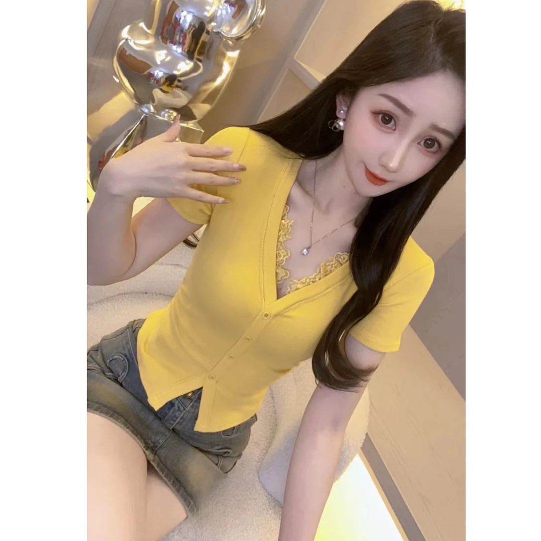 【奈奈328-2蕾丝拼接】短袖女T恤性感内搭女款爆款修身显瘦2025