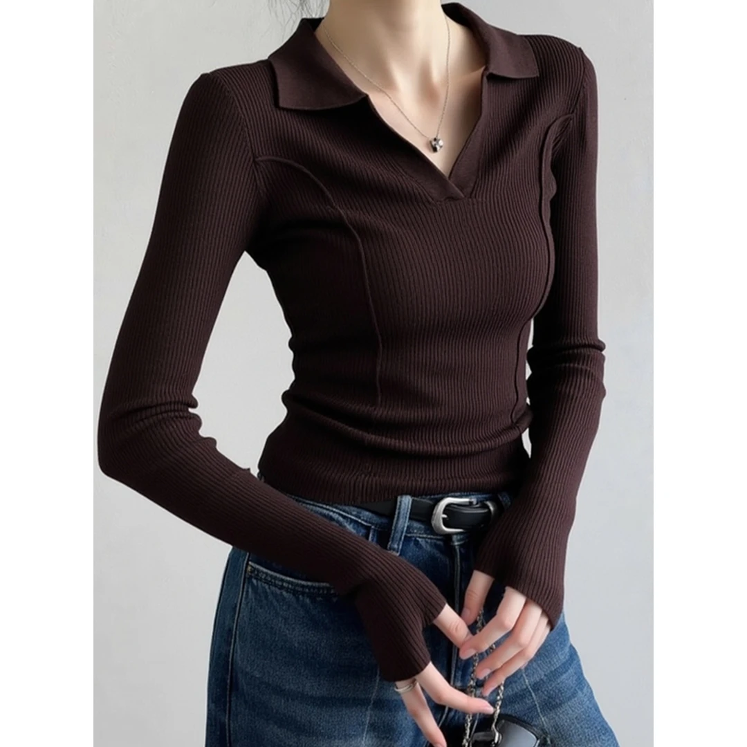 气质咖色POLO领长袖针织衫女款秋冬修身美拉德毛衣内搭打底衫上衣