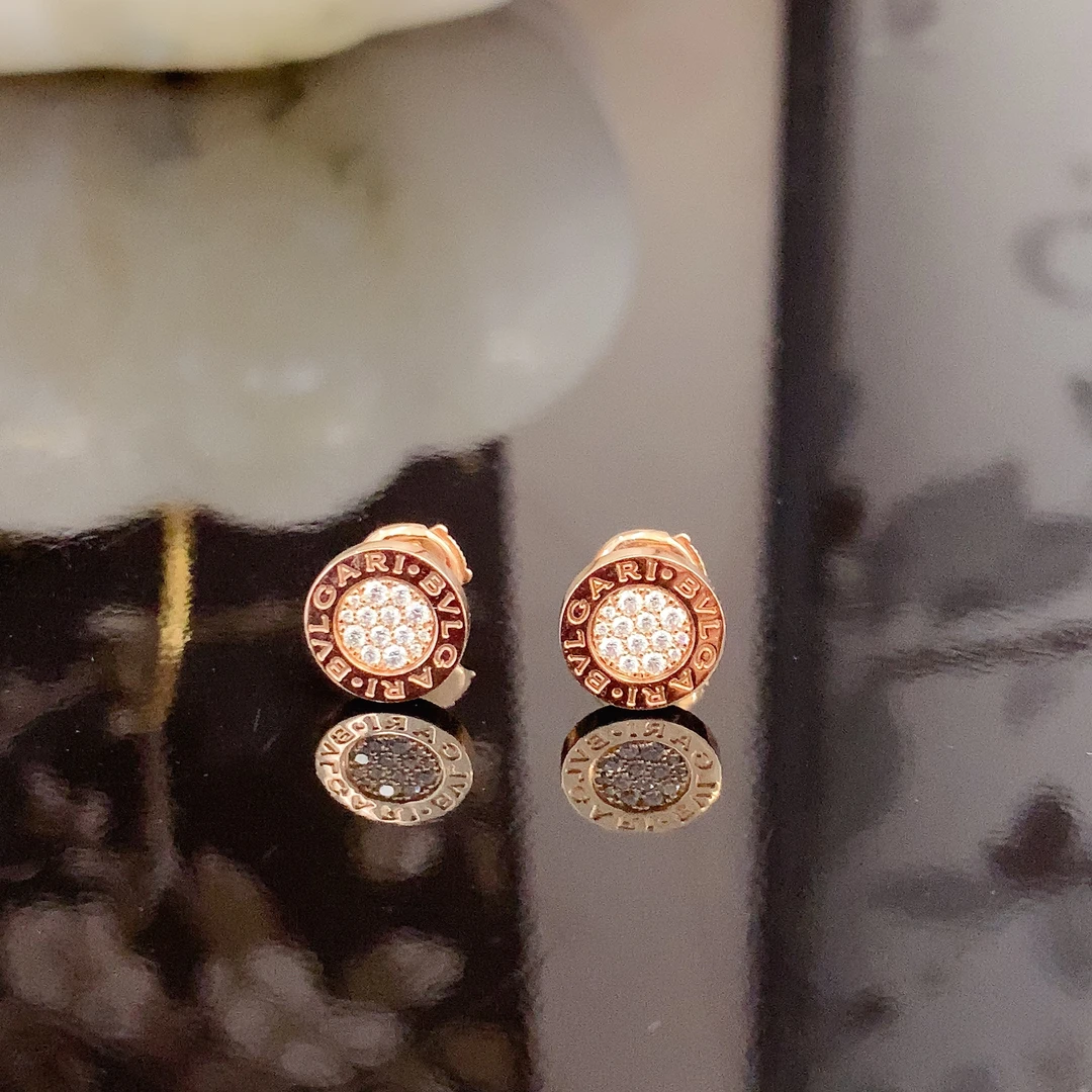 99新 BVLGARI/宝格丽 满钻圆饼耳钉 K玫