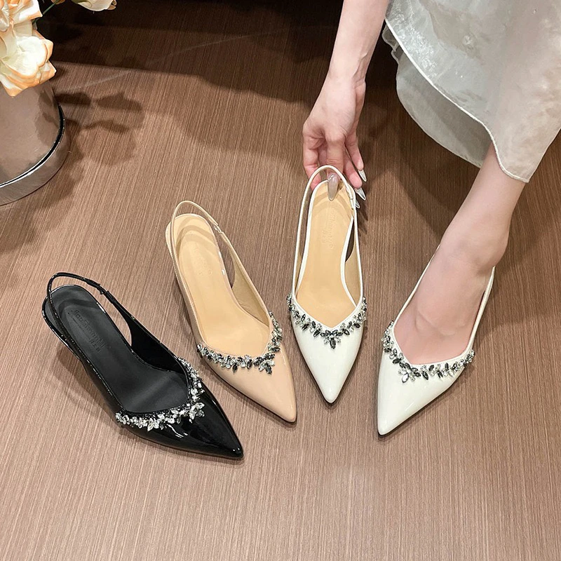 韩版夏季仙女风拼接尖头百搭高跟鞋浅口细跟高跟鞋轻职风包头舒适