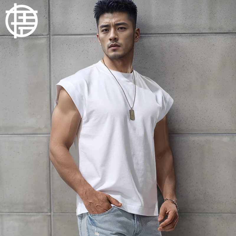 凉感棉无袖T恤男纯色宽松运动健身篮球坎肩宽肩背心外穿夏季砍袖