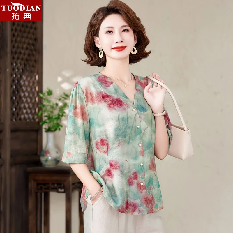 中年妈妈夏装时尚短袖上衣2025新款中老年女装显瘦印花休闲小衫