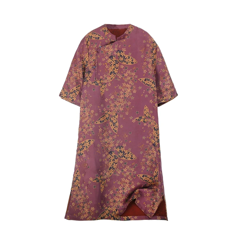 25姆满桑红云纱花罗满天蝴蝶紫立领中长款平安结连衣裙12359-14