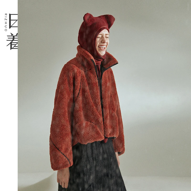 日着趣雪怪毛绒外套2025冬新款立领宽松保暖红色上衣女Z254067W0