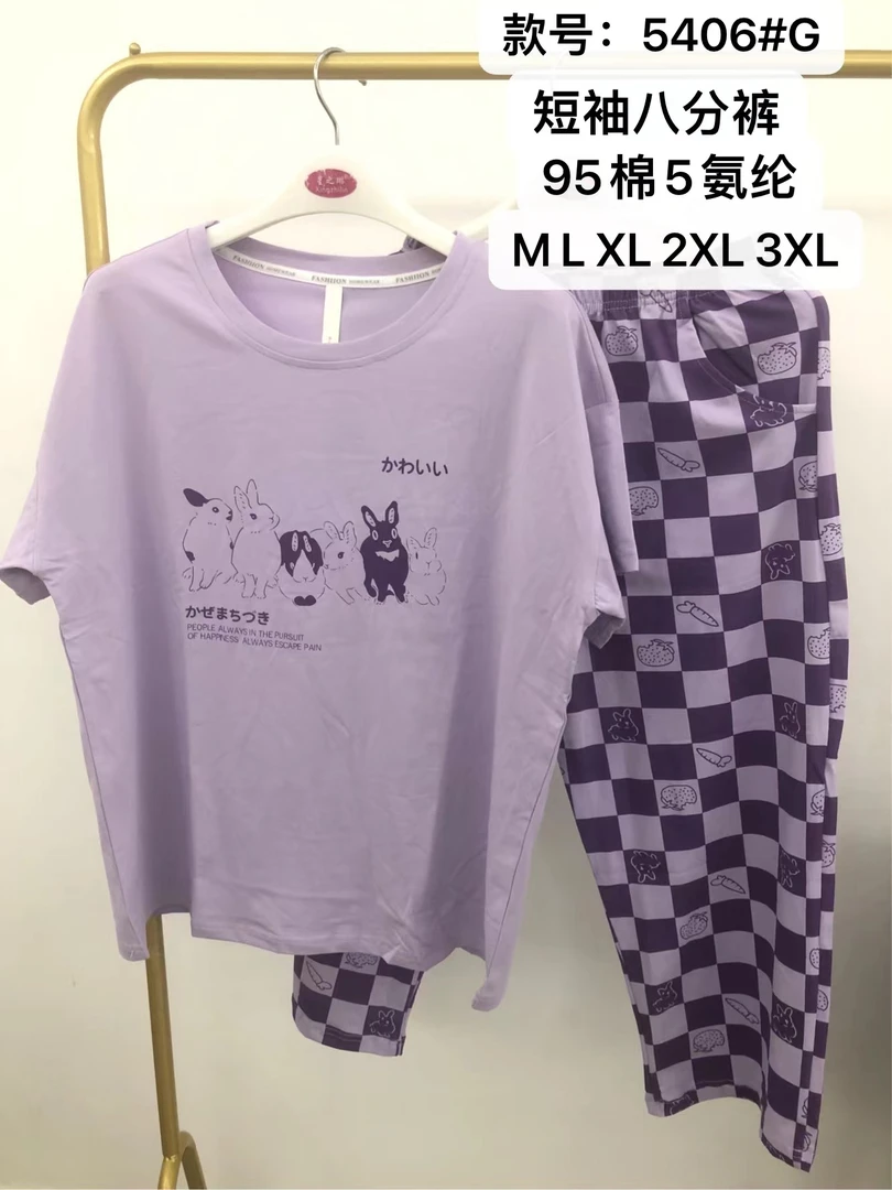 芬亿新款女士爽棉短袖八分裤睡衣套装X 5406