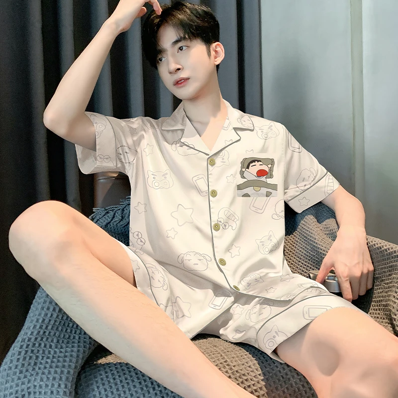 睡衣男款夏季冰丝短袖薄款透气男士学生青年蜡笔小新仿真丝家居服