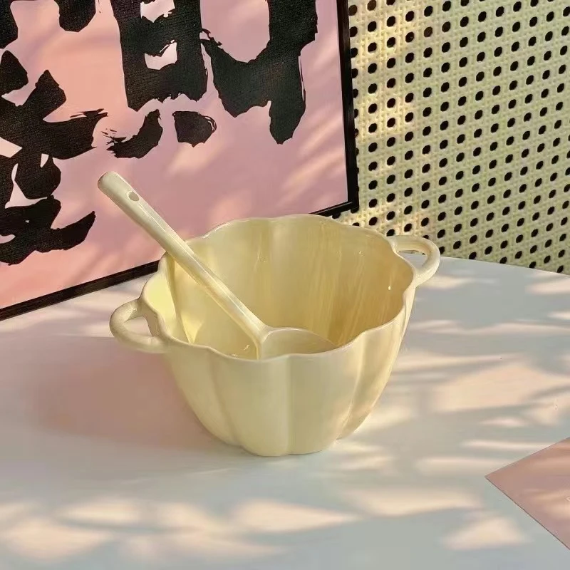 【1碗1勺】奶油风小南瓜碗陶瓷碗双耳碗甜品碗米饭碗勺餐具套装