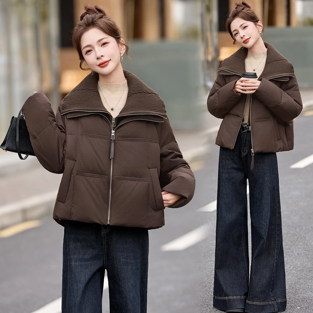 小个子针织翻领拼接羽绒服女2025冬季新款洋气时髦白鸭绒短款外套