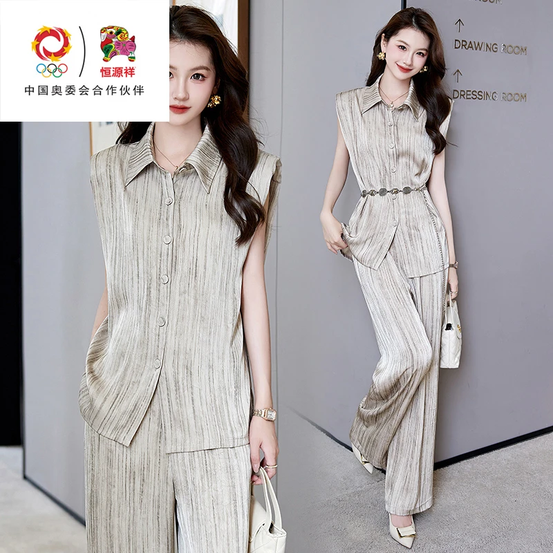 恒源祥彩羊阔腿裤长裤休闲极简风修身短袖休闲风时尚套装西装显瘦