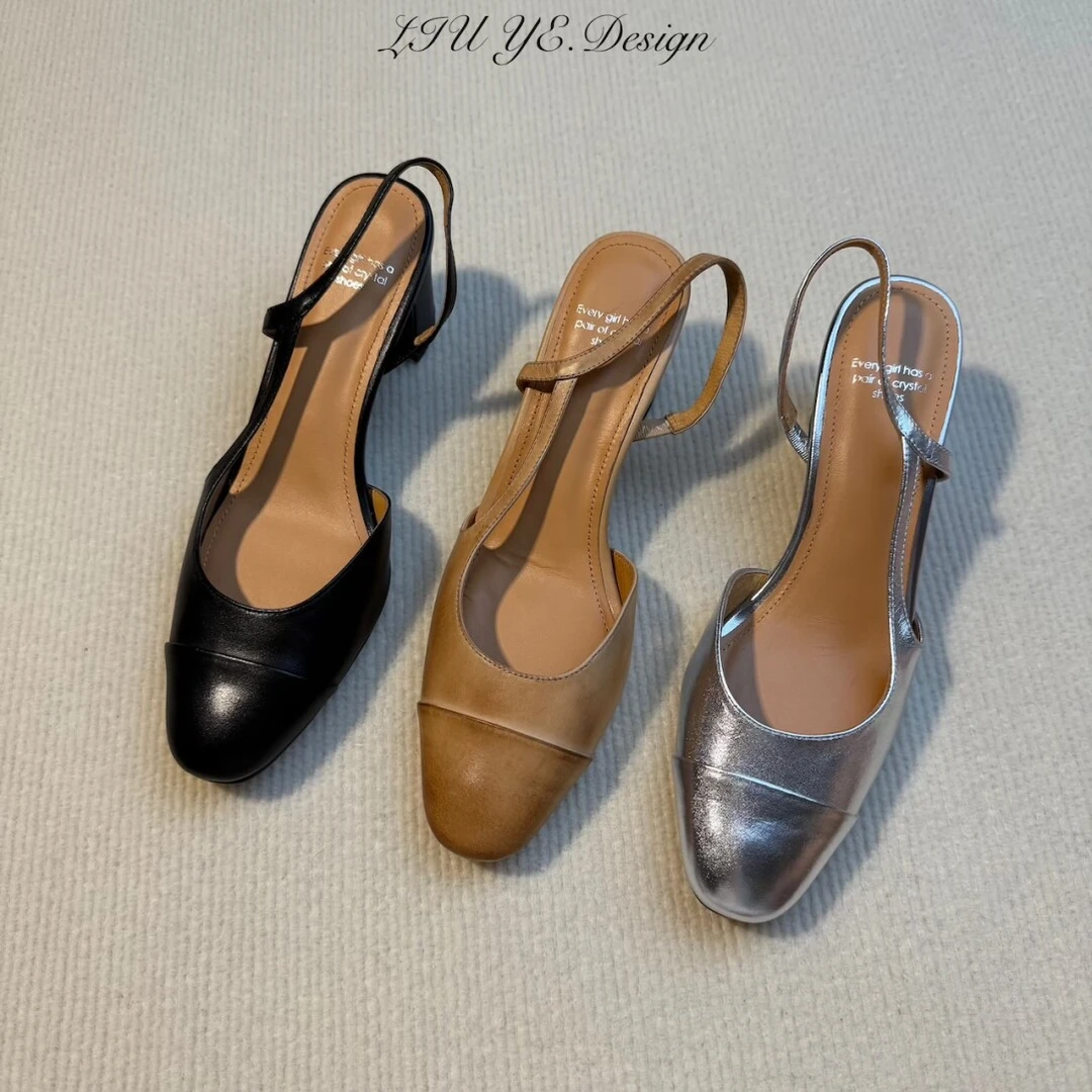 六也· 杏仁头镂空法式包头凉鞋｜夏季一脚蹬中跟百搭后空皮鞋L591