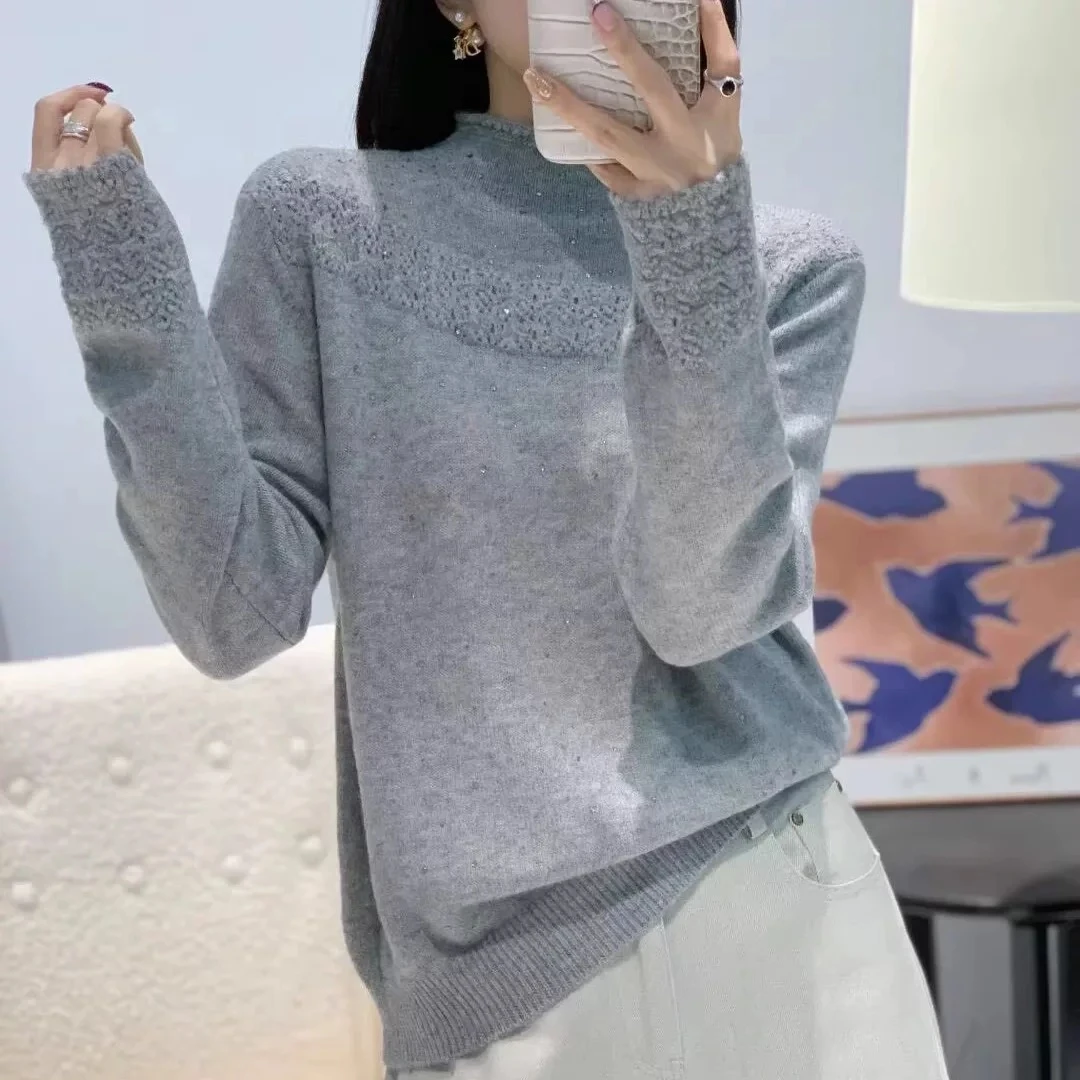 3605【重工烫钻氛围感钩花毛衣】秋冬新款女士半高领宽松上衣