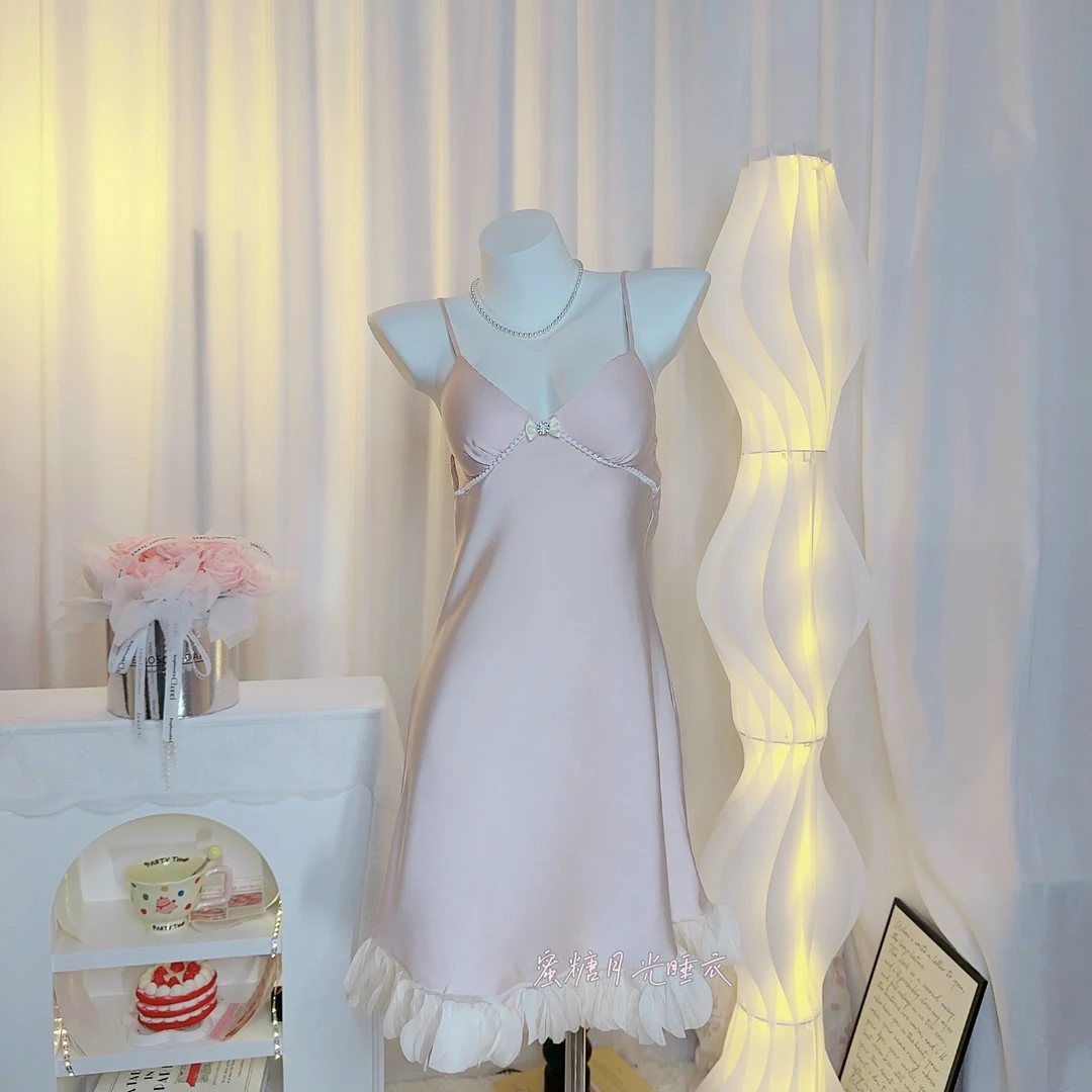 【高级名媛】樱花淡粉轻奢贵气纯欲风显白吊带睡裙冰丝显瘦带胸垫