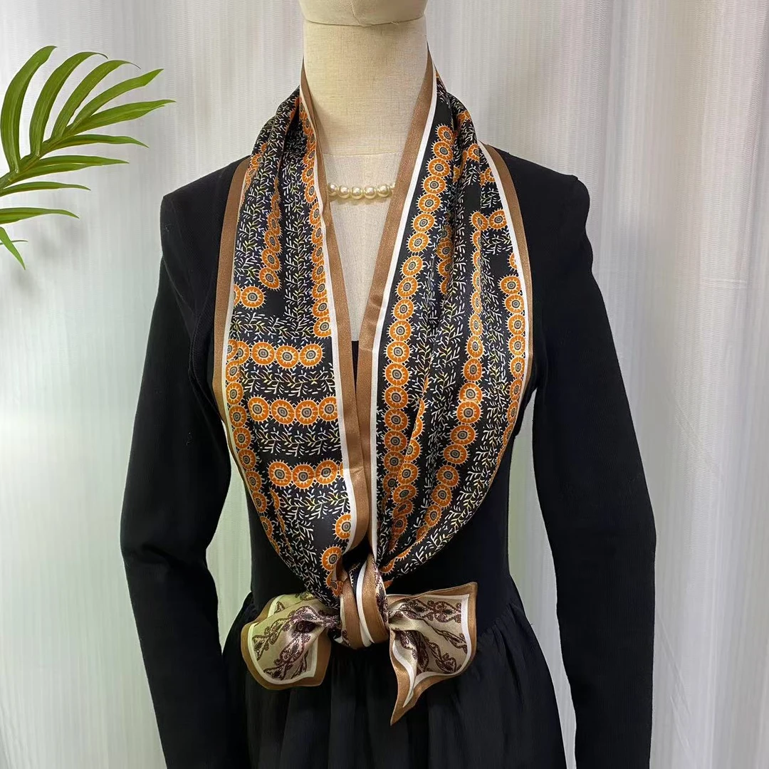 100%桑蚕丝【金钱花】145x16cm长飘带双层真丝丝巾女士气质G377