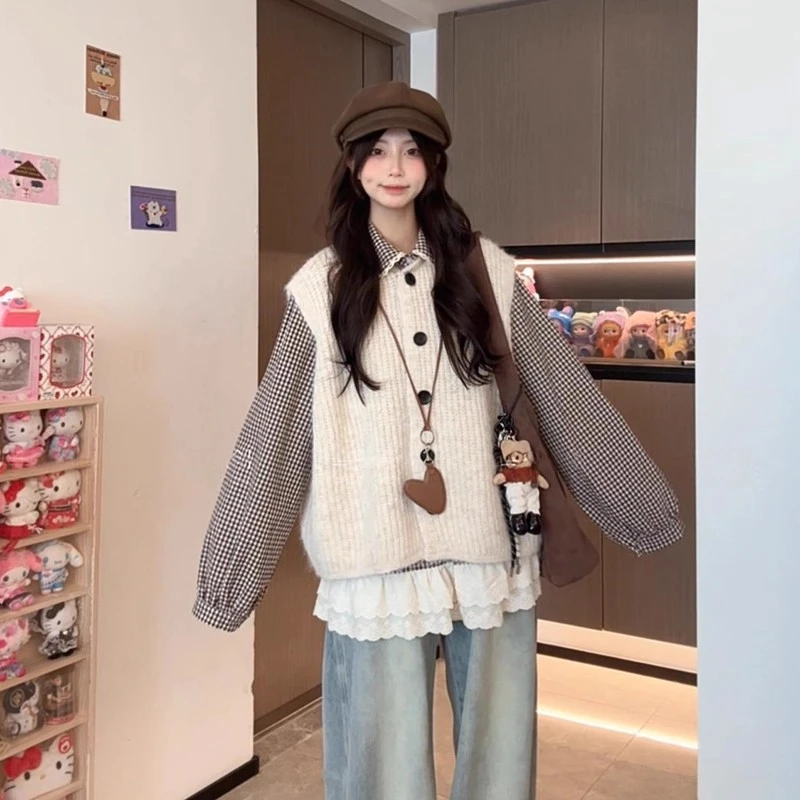 韩系甜美花边拼接娃娃领叠穿格纹衬衫女冬季2025宽松洋玫红色衬衫