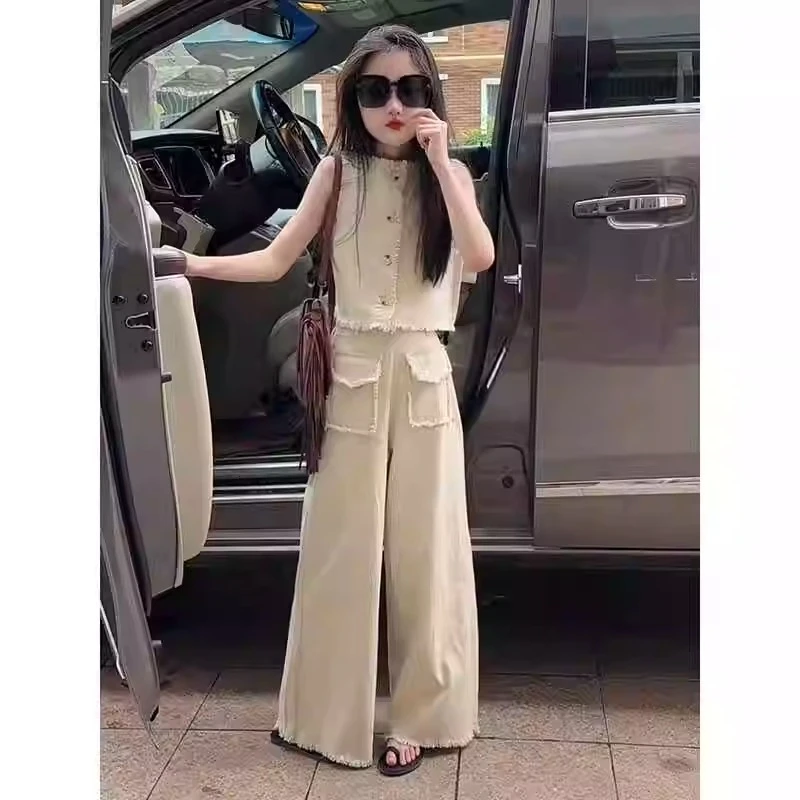 女童夏季新款毛边套装个性潮流韩范裤子设计上衣百搭宽松棉麻套装